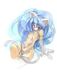 Rule 34 | 1girl, :p, animal ears, animal hands, big hair, blue eyes, blue hair, capcom, cat ears, cat girl, cat paws, cat tail, felicia (vampire), female focus, hanpen, long hair, matching hair/eyes, navel, no nose, sitting, sketch, solo, tail, tongue, tongue out, vampire (game)