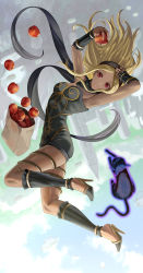 Rule 34 | 1girl, 1other, absurdres, apple, armpits, arms up, bag, black cat, black leotard, black scarf, blonde hair, breasts, cat, commentary, commentary request, dark-skinned female, dark skin, dusty (gravity daze), english commentary, eyelashes, floating, food, fruit, gold trim, gravity daze, hairband, high heels, highres, kitten (gravity daze), leg warmers, legs, leotard, looking at viewer, mixed-language commentary, paper bag, parted bangs, red eyes, scarf, shadow, sidelocks, silvertsuki, sleeveless, thighs, upside-down, vambraces