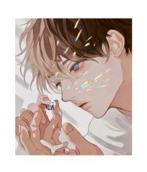 Rule 34 | 1boy, blue eyes, border, brown hair, closed mouth, cognacbear, gem, highres, holding, holding gem, looking at object, male focus, original, reflection, short hair, spectral, sweater, white border, white sweater