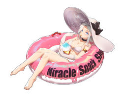 1girl absurdres armlet bare_legs barefoot bikini blue_eyes bow breasts choker cleavage crab eating english_text food full_body gloves hat hat_bow highres innertube jewelry long_hair looking_at_viewer lying medium_breasts navel on_back original parted_bangs peachpa shaved_ice silver_hair simple_background solo sun_hat swim_ring swimsuit white_background white_bikini white_gloves white_hat