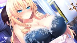 Rule 34 | 1girl, aqua eyes, bare shoulders, bed, bedroom, blonde hair, blue bra, blue eyes, blush, bra, breasts, candle, cleavage, closed mouth, drawing (object), earrings, embarrassed, fire, game cg, hair between eyes, highres, indoors, iris december uncry, jewelry, large breasts, long hair, looking at viewer, nora to oujo to noraneko heart 2, nose blush, oozora itsuki, original, solo focus, strapless, strapless bra, underwear, undressing, upper body