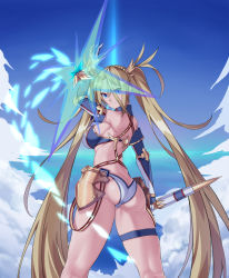 Rule 34 | 1girl, arm up, armor, ass, back, bare shoulders, bikini, blonde hair, blue bikini, blue eyes, blue sky, bradamante (fate), bradamante (third ascension) (fate), braid, breasts, butt crack, closed mouth, crown braid, elbow gloves, energy barrier, energy shield, fate/grand order, fate (series), faulds, gloves, hair between eyes, hair ornament, highres, large breasts, long hair, looking at viewer, looking back, mrnn, scepter, shield, sky, smile, solo, swimsuit, thigh strap, thighs, twintails, two-tone bikini, very long hair, white bikini
