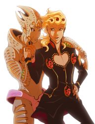 Rule 34 | 2boys, arm around neck, backlighting, blonde hair, blue eyes, dated, giorno giovanna, gold experience requiem, hand on own hip, highres, jojo no kimyou na bouken, lahteh, multiple boys, signature, simple background, stand (jojo), vento aureo