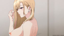 Rule 34 | 1girl, back, blonde hair, breasts, completely nude, earrings, fingernails, from side, grey background, hair over shoulder, highres, holding, holding own hair, jewelry, kitagawa marin, large breasts, long fingernails, long hair, long nipples, multiple earrings, nipples, nolia, nude, red eyes, sidelocks, signature, solo, sono bisque doll wa koi wo suru, stud earrings, upper body