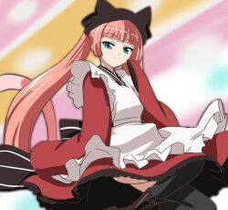 Rule 34 | 1girl, :3, animal hat, apron, black thighhighs, boots, cat hat, cat tail, closed mouth, cross-laced footwear, dress, gugure! kokkuri-san, haruyama kazunori, hat, lace-up boots, long hair, long sleeves, looking at viewer, panties, pink hair, skirt, sleeves past wrists, slit pupils, smile, solo, tail, tama (gugukoku), thighhighs, twintails, underwear, white apron, white panties