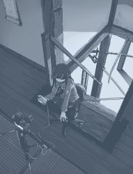 Rule 34 | 1girl, black hair, black legwear, blindfold, blue theme, buttons, camera, carpet, chair, digital camera, hamsterfragment, monochrome, no nose, original, scroll, short hair, sitting, skirt, stairs, suicide, sword, tagme, weapon, wire, wooden floor