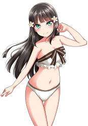 Rule 34 | 1girl, adapted costume, black hair, blush, bra, breasts, cleavage, collarbone, commentary request, cowboy shot, flower, frilled bra, frills, green eyes, hair flower, hair ornament, hand up, kurosawa dia, long hair, looking at viewer, love live!, love live! school idol festival, love live! sunshine!!, mole, mole under mouth, navel, neck ribbon, panties, ribbon, simple background, small breasts, smile, solo, stomach, strapless, strapless bra, striped ribbon, thigh gap, torikoriko please!!, underwear, underwear only, white background, white bra, white panties, yopparai oni