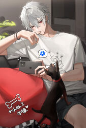 Rule 34 | 1boy, absurdres, animal collar, blue lock, boxers, cellphone, collar, couch, dog, earrings, eyelashes, hair between eyes, hand on own face, highres, holding, holding phone, indoors, iphone, jewelry, kuzuha (nijisanji), leaf, looking at phone, male focus, male underwear, nijisanji, on couch, pet, phone, pillow, plant, red eyes, shirt, short hair, sitting, sjamki, smartphone, solo, speech bubble, underwear, virtual youtuber, white hair, white shirt