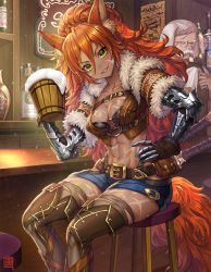 Rule 34 | 1boy, 1girl, abs, alcohol, animal ears, bar (place), beer, beer mug, belt, belt pouch, blush, boots, bottle, box (hotpppink), breasts, cleavage, cup, dark skin, facial hair, gauntlets, glasses, green eyes, grin, hand on own hip, long hair, looking at viewer, medium breasts, mole, mole on breast, mole under mouth, mug, mustache, navel, orange hair, original, pouch, scar, shorts, sitting, smile, stool, tail, tankard, thigh boots, thighhighs, very long hair, white hair
