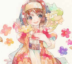 Rule 34 | 1girl, :d, blush, brown hair, comfey, commentary request, creatures (company), dress, erika (holiday 2020) (pokemon), erika (pokemon), eyelashes, floral print, flower, game freak, gen 7 pokemon, grey eyes, hairband, hand up, looking at another, nintendo, official alternate costume, oharu-chan, open clothes, open mouth, painting (medium), pokemon, pokemon (creature), pokemon masters ex, sash, smile, traditional media, watercolor (medium), yellow hairband