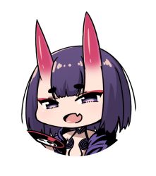 Rule 34 | 1girl, :d, chibi, cup, eyeshadow, fang, fate/grand order, fate (series), head tilt, horns, ibuki notsu, looking at viewer, makeup, open mouth, purple eyes, sakazuki, shuten douji (fate), simple background, skin-covered horns, skin fang, smile, solo, upper body, white background