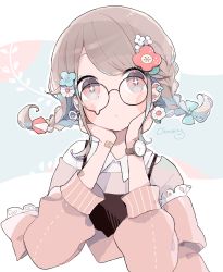Rule 34 | + +, 1girl, absurdres, black-framed eyewear, blue bow, blue flower, blue hair, blush stickers, bow, braid, brown hair, chon (chon33v), collared shirt, commentary request, cropped torso, earrings, flower, flower earrings, glasses, hair bow, hair flower, hair ornament, hands on own face, hands up, highres, jacket, jewelry, long sleeves, low twintails, off shoulder, original, pink jacket, puffy long sleeves, puffy sleeves, red flower, round eyewear, shirt, solo, twin braids, twintails, upper body, white flower, white shirt