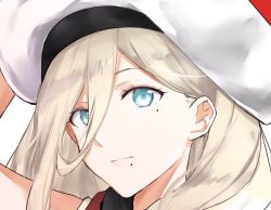 Rule 34 | 1girl, bad id, bad twitter id, bare shoulders, beret, blonde hair, blue eyes, closed mouth, dress, hair between eyes, hat, kantai collection, long hair, looking at viewer, mole, mole under eye, mole under mouth, morinaga miki, multicolored clothes, multicolored dress, multicolored scarf, pom pom (clothes), portrait, richelieu (kancolle), scarf, simple background, solo, white background