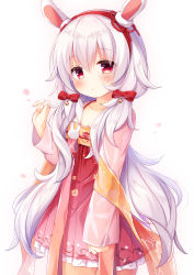 Rule 34 | 1girl, :o, animal ears, azur lane, bell, blush, bow, collarbone, commentary request, cowboy shot, dress, fingernails, hair between eyes, hair bow, hairband, head tilt, highres, jingle bell, laffey (azur lane), laffey (white rabbit welcomes the spring) (azur lane), long hair, long sleeves, parted lips, petals, pleated dress, rabbit ears, red bow, red dress, red eyes, red hairband, see-through, shawl, silver hair, simple background, sleeves past wrists, solo, umeko machi, very long hair, white background