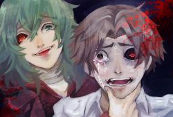 Rule 34 | 10s, 1boy, 1girl, ahoge, black sclera, blood, blood splatter, brown hair, colored sclera, eto (tokyo ghoul), formal, green hair, hand on another&#039;s face, heterochromia, mismatched sclera, necktie, open mouth, short hair, simple background, smile, spoilers, takizawa seidou, tears, tokyo ghoul, tokyo ghoul:re