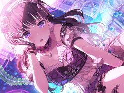 Rule 34 | 1girl, adjusting hair, bang dream!, bare shoulders, bikini, bikini skirt, black bikini, black choker, black hair, blunt bangs, breasts, chest tattoo, choker, cleavage, curtains, dutch angle, earrings, flower, flower earrings, flower tattoo, frilled bikini, frilled choker, frills, game cg, gem, hairband, heart, heart necklace, jewelry, lace, lace-trimmed bikini, lace trim, long hair, looking at viewer, medium breasts, multicolored bikini, multicolored clothes, navel, necklace, official alternate costume, official art, open mouth, palm tree, pearl (gemstone), purple eyes, ribbon, see-through, see-through cleavage, shirokane rinko, sitting, solo, stomach, stomach tattoo, swimsuit, tattoo, tree, white hairband, wrist cuffs