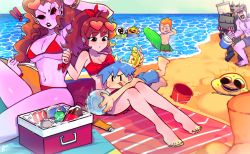 Rule 34 | !, !!, 2girls, 4boys, absurdres, ball, barefoot, beach, beach towel, benzbt, bikini, black sclera, blue hair, blue male swimwear, blue swim trunks, blush, boyfriend (friday night funkin&#039;), breasts, can, chest hair, cleavage, colored sclera, colored skin, commentary, cooler, cup, daddy dearest, day, english commentary, eyewear on head, friday night funkin&#039;, girlfriend&#039;s dad (friday night funkin&#039;), girlfriend (friday night funkin&#039;), green male swimwear, green swim trunks, grey male swimwear, grey swim trunks, highres, holding, innertube, large breasts, lipstick, long hair, makeup, male swimwear, medium breasts, mommy mearest, monster (friday night funkin&#039;), mother and daughter, multiple boys, multiple girls, nail polish, open mouth, orange hair, outdoors, pico (newgrounds), ponytail, pump (sr pelo), purple skin, red bikini, red eyes, red nails, sitting, skid (sr pelo), sky, standing, sunglasses, sweat, swim ring, swim trunks, swimsuit, teeth, toenail polish, toenails, topless male, towel, tropical drink, water