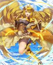 Rule 34 | 1girl, ahoge, blonde hair, boots, breasts, circle skirt, dress, drill hair, frills, highres, long hair, open mouth, smile, solo, twin drills, twintails, very long hair, vividred operation, vividyellow, wolfedge, yellow eyes, yellow theme