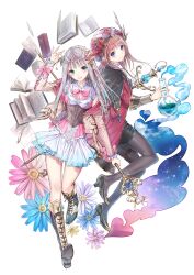 Rule 34 | 2girls, absurdres, atelier (series), atelier lulua, blue eyes, blue hair, blush, book, boots, bow, bowtie, brown hair, circlet, cleavage cutout, clothing cutout, cloud, commentary request, dress, elmerulia fryxell, flask, flower, full body, gradient hair, green eyes, grey hair, hair ornament, hat, heart, heart cutout, heart hair ornament, high heels, highres, holding, holding flask, holding staff, jacket, kishida mel, knee boots, long hair, looking at viewer, mother and daughter, multicolored hair, multiple girls, open clothes, open jacket, pantyhose, pencil skirt, pink bow, pink bowtie, rororina fryxell, round-bottom flask, skirt, sky, smile, smoke, staff, star (sky), starry sky, thigh strap, two-tone hair