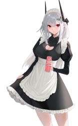 Rule 34 | 1girl, absurdres, arknights, can, clothes lift, drink can, highres, maid, monster (drink), mudrock (arknights), red eyes, skirt, skirt lift, soda can, solo, white hair