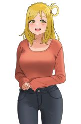 Rule 34 | 1girl, :d, absurdres, black pants, blonde hair, breasts, denim, dunchy, highres, jeans, large breasts, long sleeves, looking at viewer, love live!, love live! sunshine!!, medium hair, ohara mari, open mouth, orange shirt, pants, shirt, simple background, single hair ring, sleeves past wrists, smile, solo, upper body, white background, yellow eyes