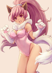 Rule 34 | 1girl, :d, animal ears, animal hands, armlet, bad id, bad pixiv id, breasts, claws, cleavage, facial mark, fujishino shikino, fur trim, gloves, high ponytail, leotard, long hair, looking at viewer, medium breasts, open mouth, paw gloves, perisie (star ocean), pink background, pink eyes, pink leotard, simple background, smile, solo, standing, star ocean, star ocean first departure, tail, very long hair, whisker markings