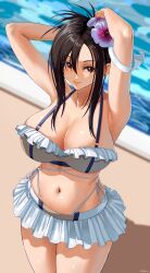 Rule 34 | 1girl, absurdres, armpits, arms behind head, arms up, bikini, breasts, brown hair, cleavage, final fantasy vii, final fantasy vii rebirth, final fantasy vii remake, from above, highres, large breasts, navel, red eyes, seductive smile, smile, solo, swimsuit, tifa lockhart, tifa lockhart (shining spirit), ultrabinou