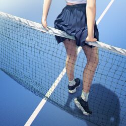 Rule 34 | 1girl, a.x., absurdres, black footwear, blue skirt, commentary, day, english commentary, highres, leaning on object, original, outdoors, pleated skirt, shadow, skirt, solo, tennis court, tennis net