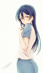Rule 34 | 1girl, absurdres, blue hair, blue pajamas, blush, commentary request, from side, hair between eyes, highres, long hair, looking at viewer, love live!, love live! school idol project, pajamas, pout, signature, simple background, solo, sonoda umi, suito, white background, yellow eyes