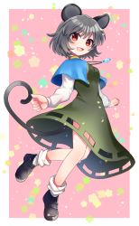 Rule 34 | 1girl, :d, animal ears, black footwear, blouse, blue capelet, blush, breasts, capelet, commentary request, crystal, dress, full body, green dress, grey hair, hair between eyes, highres, jewelry, long sleeves, looking at viewer, medium breasts, mouse ears, mouse girl, mouse tail, nazrin, nekonooteteumai, open mouth, pendant, pink background, red eyes, shirt, shoes, short hair, smile, socks, solo, tail, touhou, white background, white shirt, white socks