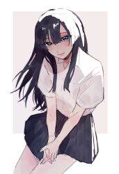 Rule 34 | 1girl, azuma (magi-inazuma), black hair, black skirt, blue eyes, chinese commentary, collared shirt, commentary request, cowboy shot, grey background, highres, long hair, looking at viewer, mixed-language commentary, original, own hands together, parted lips, pleated skirt, school uniform, shirt, short sleeves, sitting, skirt, smile, solo, two-tone background, white background, white shirt