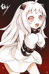 Rule 34 | 10s, 1girl, abyssal ship, ahoge, artist name, bare shoulders, colored skin, cowboy shot, dress, female focus, gloves, highres, horns, kantai collection, long hair, mittens, northern ocean princess, open mouth, pale skin, red eyes, solo, toki/, white dress, white gloves, white hair, white skin