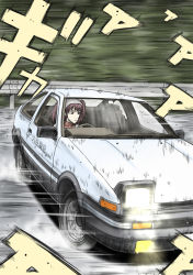Rule 34 | 1girl, ae86, atlus, bandana, brown eyes, c (neta), car, debris, drifting, driving, earrings, forest, frown, grey hair, guard rail, initial d, jewelry, kujikawa rise, lights, looking to the side, magukappu, motion blur, motion lines, motor vehicle, nature, outdoors, parody, persona, persona 4, pun, road, serious, short hair, short twintails, smoke, solo, speed lines, toyota, toyota sprinter trueno, tree, turtleneck, twintails, vehicle, vehicle focus