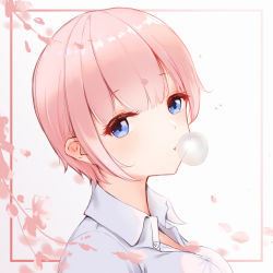 Rule 34 | 1girl, absurdres, blue eyes, blowing bubbles, chewing gum, collared shirt, commentary request, dress shirt, eyelashes, go-toubun no hanayome, highres, looking at viewer, looking to the side, nakano ichika, petals, pink hair, portrait, shirt, solo, white shirt, wing collar, yu chang (42680610)
