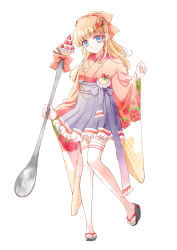 Rule 34 | 1girl, blonde hair, blue bow, blue eyes, blue skirt, bow, food, food-themed hair ornament, food-themed ornament, food print, frilled skirt, frills, fruit, full body, hair bow, hair ornament, half updo, highres, japanese clothes, kimono, kona (shuu cream), long hair, looking at viewer, original, oversized object, personification, pink bow, pleated skirt, pocketland, print kimono, sandals, skirt, solo, spoon, standing, strawberry, strawberry hair ornament, strawberry parfait, strawberry print, thighhighs, white background, white thighhighs