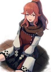 Rule 34 | 1girl, anna (fire emblem), anna (fire emblem engage), between legs, black gloves, brown scarf, brown tabard, crossed bangs, dress, fire emblem, fire emblem engage, gloves, hair between eyes, hand between legs, highres, labebebe lee, long hair, nintendo, open mouth, ponytail, puffy sleeves, red eyes, red hair, scarf, sitting, smile, solo, tabard, tile floor, tiles, v arms, white dress