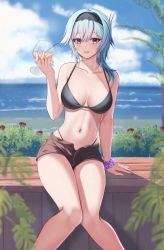 Rule 34 | 1girl, :d, alternate costume, arm support, bare arms, bare legs, bare shoulders, bikini, black bikini, black hairband, black shorts, blue hair, blue sky, breasts, brown eyes, cloud, commentary, cup, cupping glass, day, dealesis, drinking straw, eula (genshin impact), feet out of frame, genshin impact, hairband, hand up, highres, holding, holding cup, knees together feet apart, large breasts, long hair, looking at viewer, navel, open fly, open mouth, outdoors, purple scrunchie, scrunchie, short shorts, short sleeves, shorts, sitting, sky, smile, solo, stomach, swimsuit, thighs, wrist scrunchie