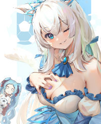 Rule 34 | 1girl, animal ears, ball, bare shoulders, blonde hair, blue dress, blue eyes, blue hair, blue ribbon, blush, breasts, choker, cleavage, closed mouth, copyright request, detached sleeves, dress, fingernails, hair between eyes, hair ornament, hair ribbon, hand on own chest, highres, j.xh, large breasts, long hair, long sleeves, looking at viewer, nail polish, one eye closed, parted lips, purple nails, ribbon, smile, soccer ball, tail, teeth, twintails, virtual youtuber, white hair, white legwear