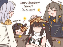 Rule 34 | 4girls, :d, bare arms, bare shoulders, bell, black hair, black hairband, blush, breasts, cake, candle, character name, closed mouth, commentary, crossed arms, crossover, dated, english commentary, epaulettes, closed eyes, fire, food, food on head, girls&#039; frontline, grey hair, guin guin, hair bell, hair ears, hair ornament, hairband, happy birthday, hatsuzuki (kancolle), in the face, jacket, jingle bell, kantai collection, kashima (kancolle), long hair, medium breasts, multiple girls, object on head, one side up, open mouth, red shirt, scar, scar across eye, scar on face, scarf, sendai (kancolle), shirt, simple background, smile, ump45 (girls&#039; frontline), very long hair, white background, white jacket, white scarf
