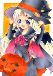 Rule 34 | 1girl, bad id, bad pixiv id, blonde hair, blue eyes, detached sleeves, halloween, hat, jack-o&#039;-lantern, little busters!, long hair, noumi kudryavka, shie (m417), traditional media, witch hat