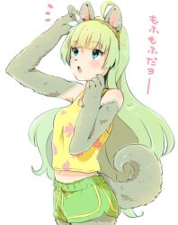 Rule 34 | 1girl, ahoge, animal ears, aqua eyes, bare shoulders, blunt bangs, bow, brown hairband, commentary request, eyelashes, floral print, flower, furrification, furry, furry female, green hair, green shorts, grey fur, hair flower, hair ornament, hairband, hand on own chin, hand on own head, idolmaster, idolmaster million live!, light blush, long hair, looking up, midriff, navel, notice lines, open mouth, shimabara elena, shorts, snout, solo, squirrel ears, squirrel girl, tank top, teeth, upper teeth only, waist bow, white background, white flower, witoi (roa), yellow bow, yellow tank top