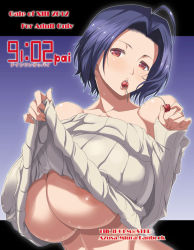 Rule 34 | 1girl, ahoge, areola slip, bare shoulders, blue hair, breasts, cherry, clothes lift, food, food in mouth, fruit, huge breasts, idolmaster, idolmaster (classic), kloah, looking at viewer, miura azusa, no bra, red eyes, shirt lift, short hair, sweater, sweater lift, underboob
