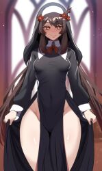 Rule 34 | 1girl, absurdres, alternate costume, black dress, blurry, blurry background, blush, bow, breasts, brown eyes, brown hair, curtains, dress, flower, genshin impact, groin, hair flower, hair ornament, highres, hinghoi, hu tao (genshin impact), long dress, long hair, long sleeves, looking at viewer, medium breasts, naughty face, no panties, nun, pelvic curtain, red bow, smile, solo, standing, thick thighs, thighs, very long hair, wide hips