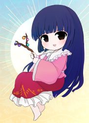 Rule 34 | 1girl, bamboo, bamboo print, barefoot, belt, black eyes, blouse, blue background, blush, bow, bowtie, brown eyes, chibi, collar, collared shirt, floral print, flower, flying, gradient background, hands up, houraisan kaguya, long hair, long sleeves, looking at viewer, multicolored background, open mouth, pink shirt, pink sleeves, purple hair, red flower, red skirt, rei (tonbo0430), shirt, skirt, smile, solo, sun, sun symbol, touhou, treasure, white belt, white bow, white bowtie, white collar, wide sleeves, yellow background