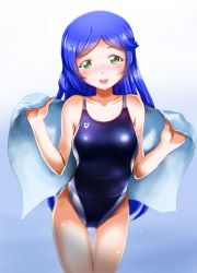 Rule 34 | 10s, 1girl, :d, aoba rinka, blue hair, blue one-piece swimsuit, blurry, blush, breasts, c-wing, collarbone, competition swimsuit, cowboy shot, depth of field, gluteal fold, gradient background, green eyes, hands up, head tilt, highres, holding, holding towel, kiratto pri chan, long hair, looking at viewer, one-piece swimsuit, open mouth, parted bangs, pretty series, shiny clothes, sidelocks, smile, solo, swimsuit, thigh gap, towel, very long hair