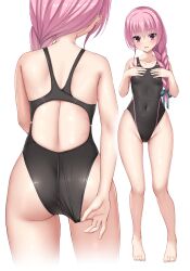 Rule 34 | 1girl, absurdres, adjusting clothes, adjusting swimsuit, ass, black one-piece swimsuit, braid, breasts, competition swimsuit, covered navel, full body, hair over shoulder, hair ribbon, hands on own chest, highleg, highleg swimsuit, highres, long hair, mitsukasa ayase, multiple views, ncontrail (mgax7527), one-piece swimsuit, pink hair, purple eyes, racerback, ribbon, riddle joker, simple background, single braid, small breasts, standing, swimsuit, white background