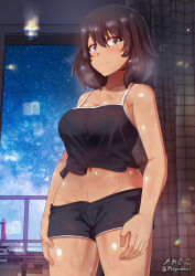 Rule 34 | 1girl, andou (girls und panzer), black hair, black shorts, black tank top, blush, breasts, brown eyes, cleavage, closed mouth, collarbone, girls und panzer, highres, indoors, large breasts, looking at viewer, medium hair, megadeko, navel, shorts, sky, smile, solo, star (sky), starry sky, sweat, tank top, window