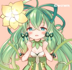 Rule 34 | 1girl, alraune (p&amp;d), bad id, bad pixiv id, blue eyes, blush, clenched hands, detached collar, flower, frown, hair flower, hair ornament, hair ribbon, half-closed eyes, long hair, mashiro miru, monster girl, open mouth, pink background, plant girl, puzzle &amp; dragons, ribbon, solo, sweat, tears, twitter username, upper body