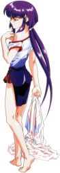 Rule 34 | 1990s (style), 1girl, bare shoulders, barefoot, closed eyes, feet, full body, lingerie, long hair, long image, masaki aeka jurai, purple hair, retro artstyle, simple background, soles, solo, standing, tall image, tenchi muyou!, toes, underwear, white background