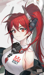 Rule 34 | 1girl, :3, ahoge, bare shoulders, breasts, clothes writing, copyright request, gas mask, hair between eyes, headgear, high ponytail, highres, long hair, looking at viewer, mask, mask around neck, medium breasts, off shoulder, ponytail, red eyes, red hair, shirt, sleeveless, sleeveless shirt, smile, solo, soyoong jun, upper body, white shirt